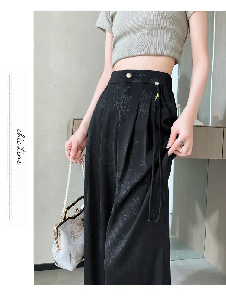 Chinese Style Jacquard Wide Leg Satin Pants – Women